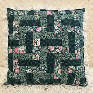 Handmade Pillow Patchwork Woven Floral Polka Dot Boho Cottage Lace Trim 14x14 - Picture 1 of 17