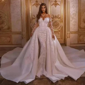 Vestido de novia de sirena de manga larga con apliques de lujo con cuentas y tren desmontable - Imagen 1 de 6