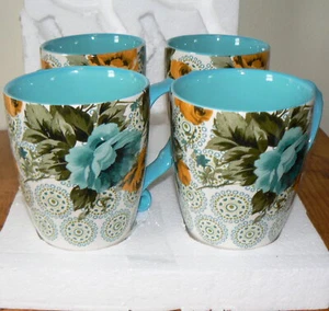Pioneer Woman Mug Set Rose Shadow 4-Piece 26-Ounce Latte Tea Cup Turquoise - Picture 1 of 4