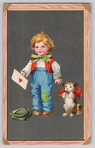 Valentine Postcard Boy with Puppy & Love Letter Advertising Back - Picture 1 of 3