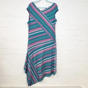 Joe Browns Midi Dress Blue Pink Stripe Asymmetric Hem Stretchy UK Size 18 - Picture 1 of 13