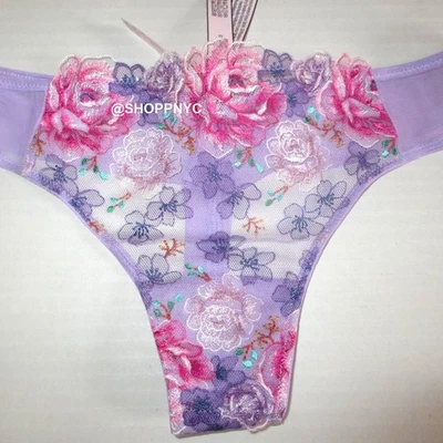 VICTORIA SECRET Dream Angels Embroidered Thong Panty Sz XS Lilac Pink Bloom $34 - Image 1 of 4