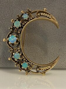 Vintage Estate 14k Gold and Opal Crescent Moon Pin