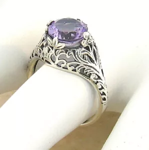 GENUINE 2 CT AMETHYST 925 STERLING SILVER DECO ANTIQUE STYLE FILIGREE RING 787Z - Picture 1 of 4