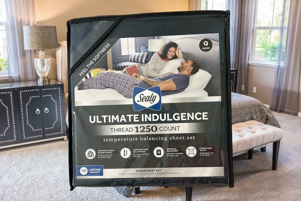 SEALY ~ AZUL MARINO - JUEGO DE SÁBANAS REINA Ultimate Indulgence 1250 hilos *NUEVO Foto 1 de 1