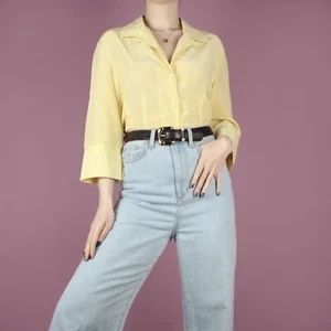 VINTAGE Womens 90s 2000s Pastel Yellow Silk Crop Shirt Blouse Top Medium 12 - Picture 1 of 12