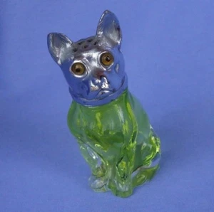FRENCH BULLDOG SILVER TOP GREEN GLASS SHAKER 3" depression dog - Picture 1 of 12