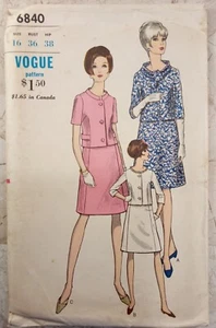 VOGUE 6840 Vintage 60s Dress 2-piece Collar variations Size 16 UNCUT Sew Pattern - Picture 1 of 8