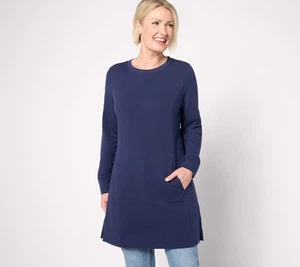 Denim & Co. Women's Top Petite PL Active French Terry Crewneck Tunic Blue - Picture 1 of 6