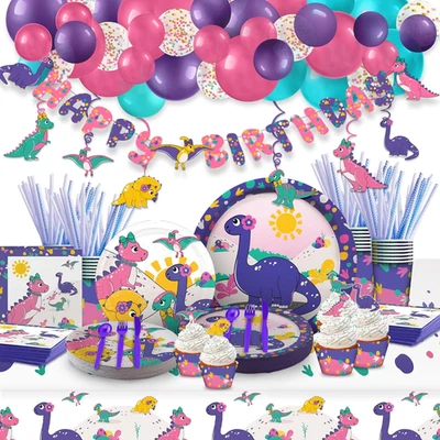 Girls Dinosaur Party Supplies Decorations Set, Birthday Banner, Hanging Swirls,  - Image 1 of 4
