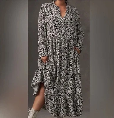 Vestido midi Anthropologie Mare negro blanco estampado de leopardo manga larga talla SP Foto 1 de 4