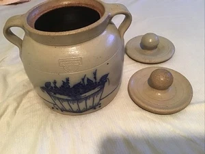 Salmon Falls Stoneware Salt Glazed Pottery Bean Pot,Crock W/ Lid Blueberry 8”x7” - Picture 1 of 11