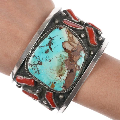 7" AUT Sterling turquoise and coral heavy cuff bracelet - Image 1 of 4