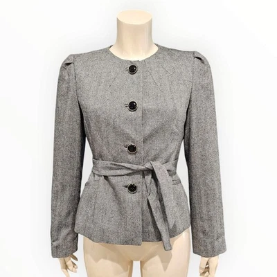 Jaqueta blazer BANANA REPUBLIC mistura de lã preto branco espinha de peixe com cinto 8P - Imagem 1 de 4