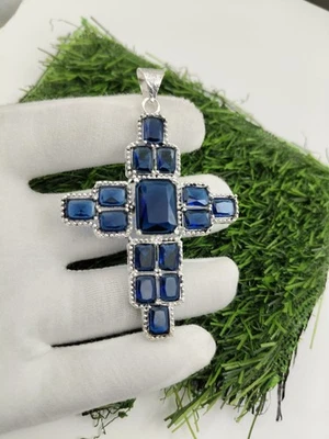 Colgante Cruz Piedras Preciosas Zafiro Azul - Hecho a Mano Chapado en Plata Joyería Regalo  Foto 1 de 4