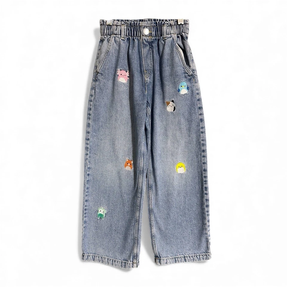 Pantalones de mezclilla Squishmallow para niñas de pierna ancha H&M talla 7 bordados animales originales Foto 1 de 4