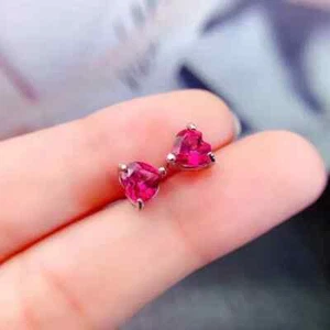 3Ct Heart Cut Lab Created Pink Ruby Solitaire Stud Earring 14K White Gold Finish - Picture 1 of 5