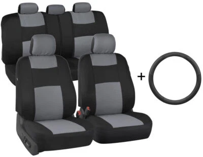 Front/Rear Car Seat Covers + Microfiber Leather Steering Wheel Cover Gray - Image 1 of 4