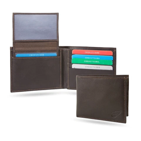 Detroit Red Wings NHL Brown Leather Billfold Wallet - With RFID Blocking Cover