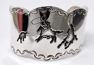 Heavy Vintage Sterling Silver Native American Cowboys Horses Stamped Wide Cuff - Picture 1 of 9