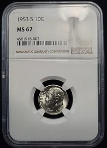 1953 S Roosevelt Dime NGC MS67 | Brilliant White Superb Gem | See Pics - Picture 1 of 4