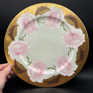 Elite Works Bawo Dotter Limoges Hand Painted Pink Cabbage Rose 10.5” Gilt Plate - Picture 1 of 11