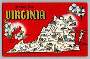 Saludos desde Virginia VA carta grande mapa estatal pájaro cardenal postal años 50 - Imagen 1 de 2