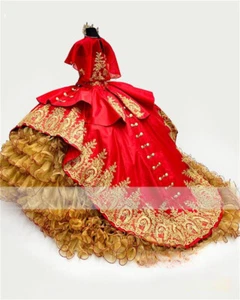 Luxury Red Ball Gown Quinceanera Dresses Gold Appliques Crystals Corset Gowns - Picture 1 of 5