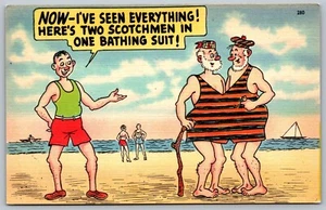 Humor Postcard Two Scotchmen in One Bathing Suit Gay Interest 1930s Linen L1 - Picture 1 of 2