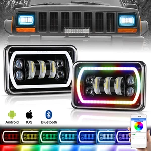 Faros LED RGB 4x6" haz alto/bajo RGB anillo halo modo música Bluetooth control remoto EE. UU. - Imagen 1 de 9