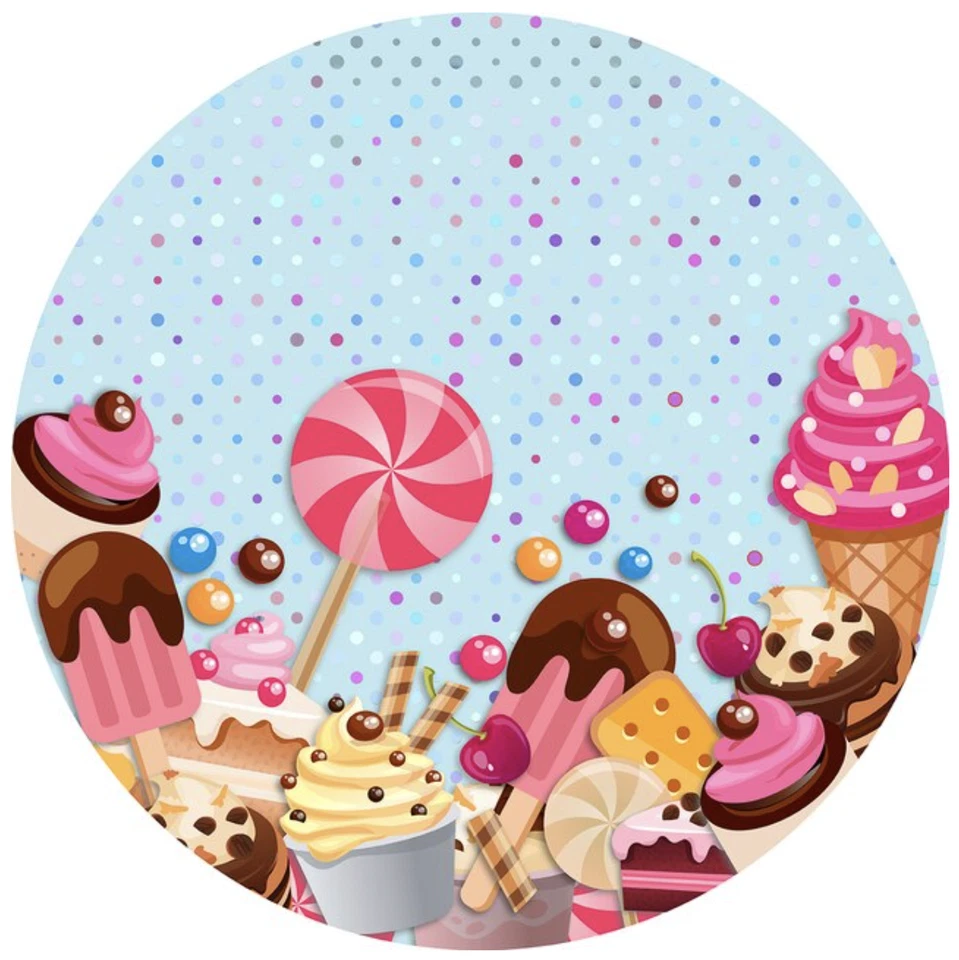 CANDY LOLLIES ICE CREAM CUPCAKES FOOD CHEERY PARTY ROUND BIRTHDAY BANNER - Image 1 of 1
