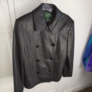 Vintage RALPH LAUREN Petite Womens Small Double Breasted Leather Jacket Black - Picture 1 of 16