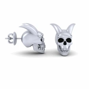 Skull With Horn Stud Earrings Synthetic Black Onyx Gothic Skull Wedding Earrings - Picture 1 of 5