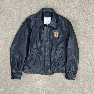 Chaqueta negra bombardero de cuero de colección para hombre grande vintage - ¡parche personalizado ALEMANIA! Foto 1 de 4