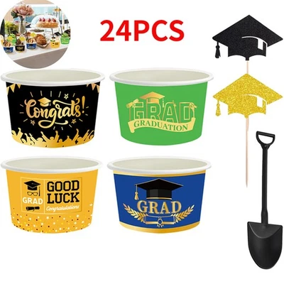 Juego de 24 tazas de helado de graduación de 8 oz con cucharas selectivas cuencos de papel desechables Foto 1 de 4