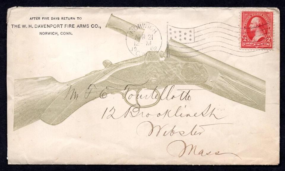 US 1902 ADVERTISING FIREARMS DAVENPORT ARMS CO. NORWICH, CONN. TO WEBSTER, MASS - Image 1 of 2