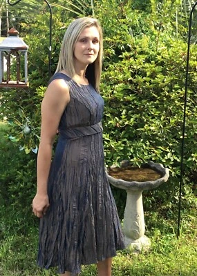 Vestido Arrugado Sin Mangas "Victor Costa" Azul Marrón Iridiscente Años 90 Vintage "NUEVO CON ETIQUETAS" Foto 1 de 4