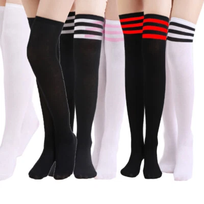 Damen Overknees Socken Strümpfe Streifen Cheerleader College Kniestrümpfe Hosen - Bild 1 von 4