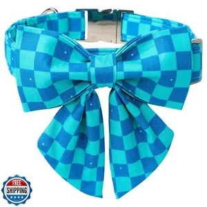 Maca Bates Plaid Blue Dog Collar with Checkered Bow Bowtie for Grid Dogs Bows - Picture 1 of 5