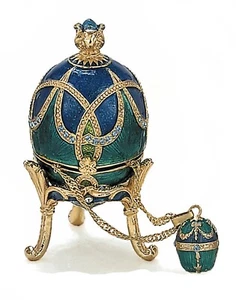 Bejeweled Enamel Trinket Jewelry Box, Easter Egg, Blue with Pendant, #3761 - Picture 1 of 1