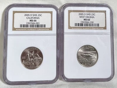 NGC MS66 SMS Uncirculated 50 States Quarters 2005 D California & West Virginia! - Image 1 of 2