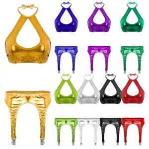 Women 2 Pc Shiny Metallic Halter Lace-up Crop Top and Suspender Garter Belt Sets - Picture 1 of 75