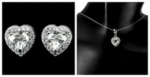 Silver White Topaz Earrings Pendant Heart Genuine Natural Gems Solid Sterling - Picture 1 of 24