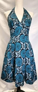 Spotlight Warehouse Fitted Halterneck Blue Floral Tulle lined Mini Dress Size 10 - Picture 1 of 21