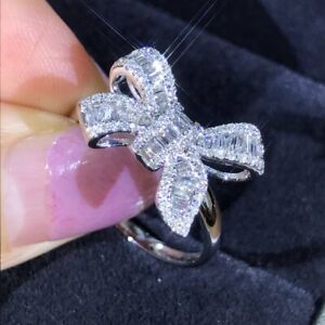 Fashion Silver Plated Butterfly Bow Bowknot Zircon Ring Women Wedding Jewelry