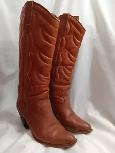 Vtg Chaps Leather Western Heel Boots Womans 7 M Brown - Picture 1 of 23