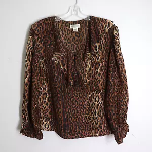 Vtg Express Silk Top L Brown BLack Leopard Long Sleeve Ruffl Collar Cuffs Vneck - Picture 1 of 17