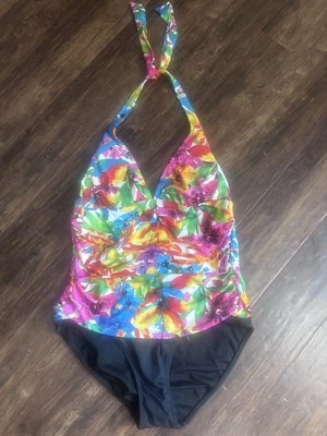CHAPS Mujer Talla 12 Tankini 1 Pc Halter Brillante Floral Hawaiano Playa Crucero   Foto 1 de 4