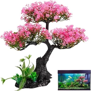 Aquarium Artificial Plastic Plants Decoration, Pink Cherry Blossom Tree & Grass - Picture 1 of 9
