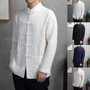 Mens Tops Regular Shirt Solid Color Tai Chi Coat Tang Suit Blouse Comfy - Picture 1 of 56